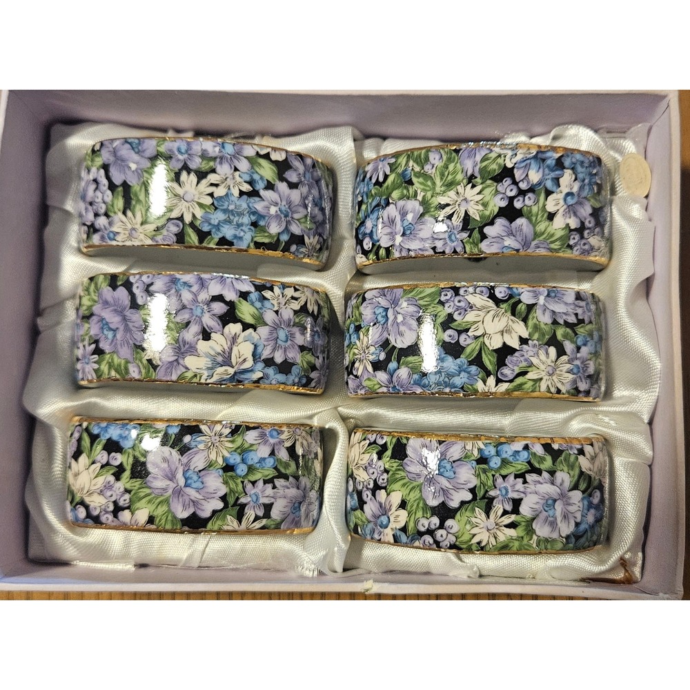 Two's Company Mollie Fitz Chintz Floral Napkin Rings Set of 6 Blue Purple Gold